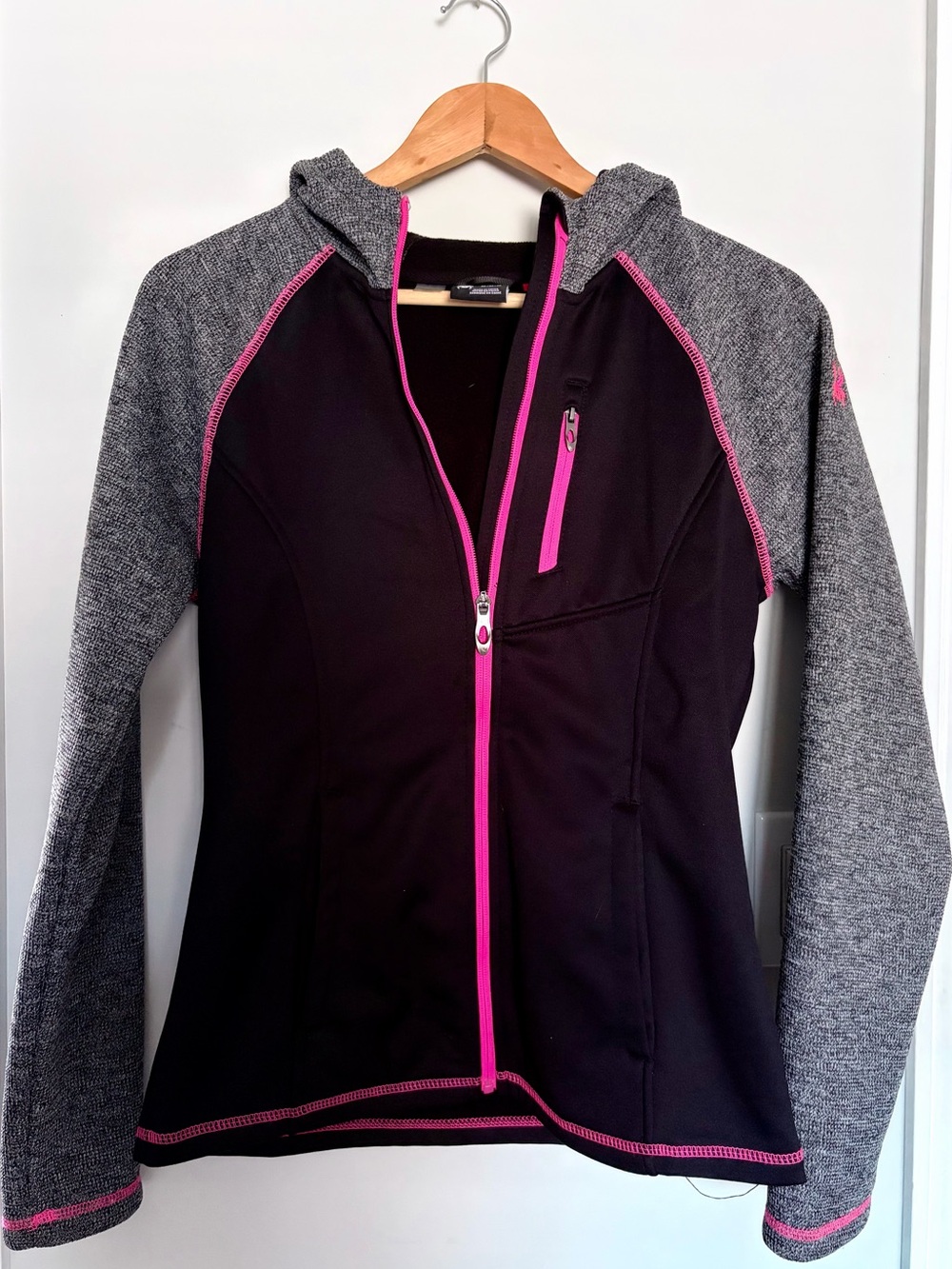 Spyder Women's Black and Gray Hoodie with Pink Trim